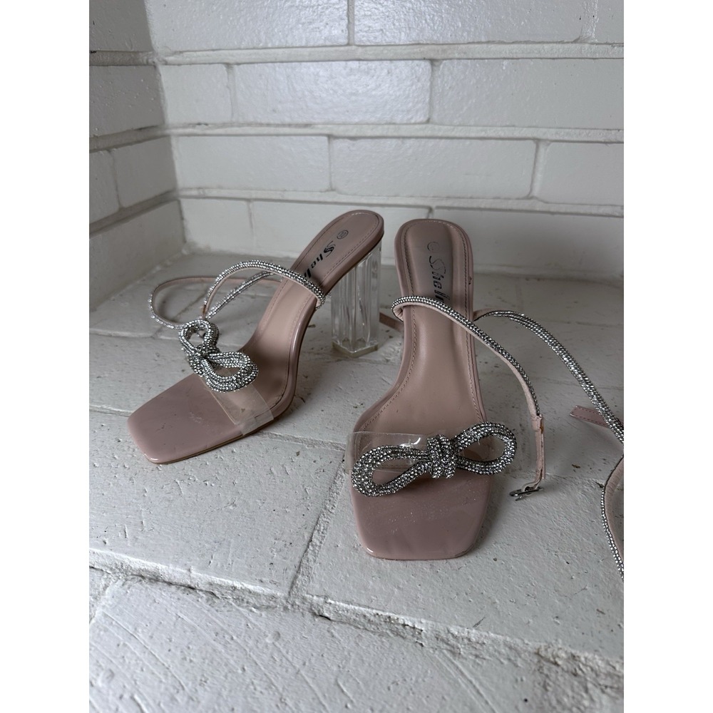 Shein Size 10 Rhinestone Bow Clear Strap Lace Up Block Heel Sandals Pink